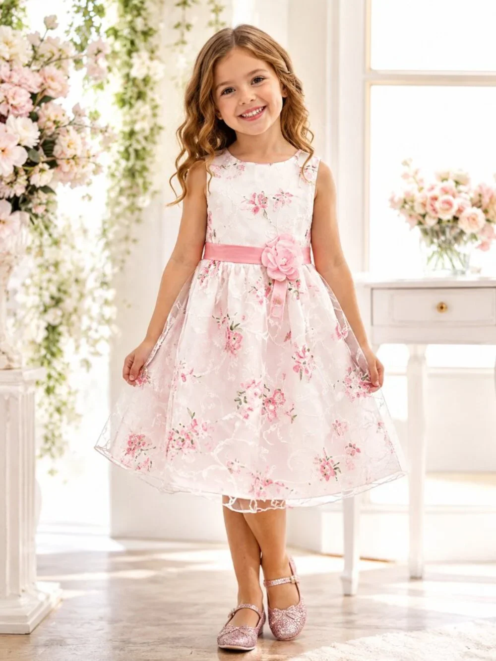 Girls Pink Floral Embroidered Special Occasion Dress Size 6 NWT